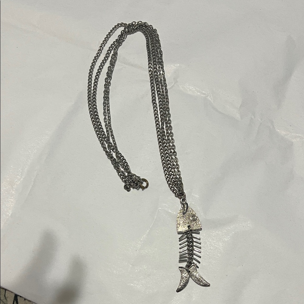 Silver Fishbone Pendant Statement Necklace